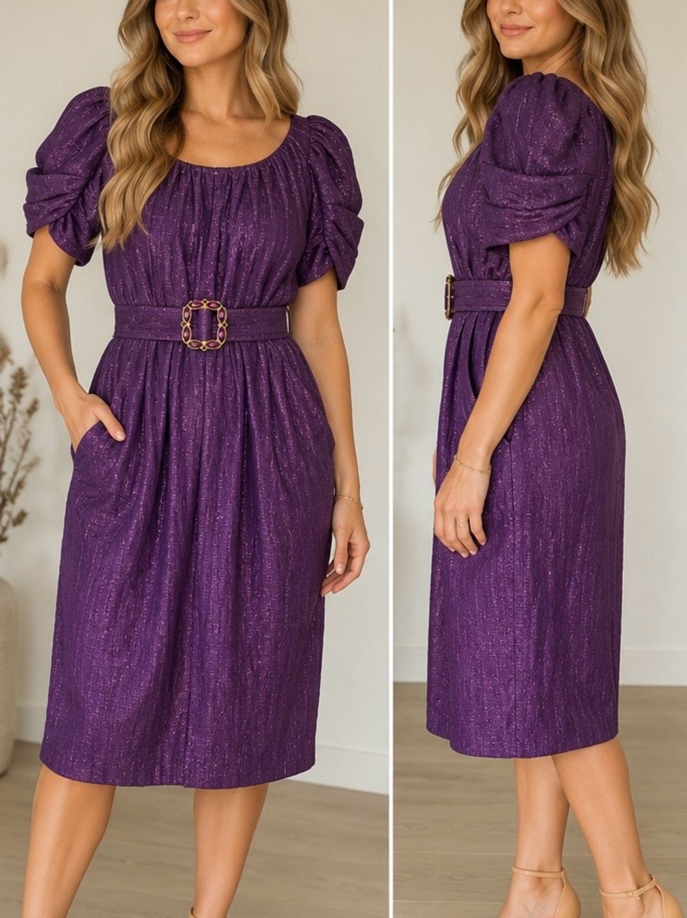 St. John Couture Purple Silk Dress Jeweled Belt Size 12